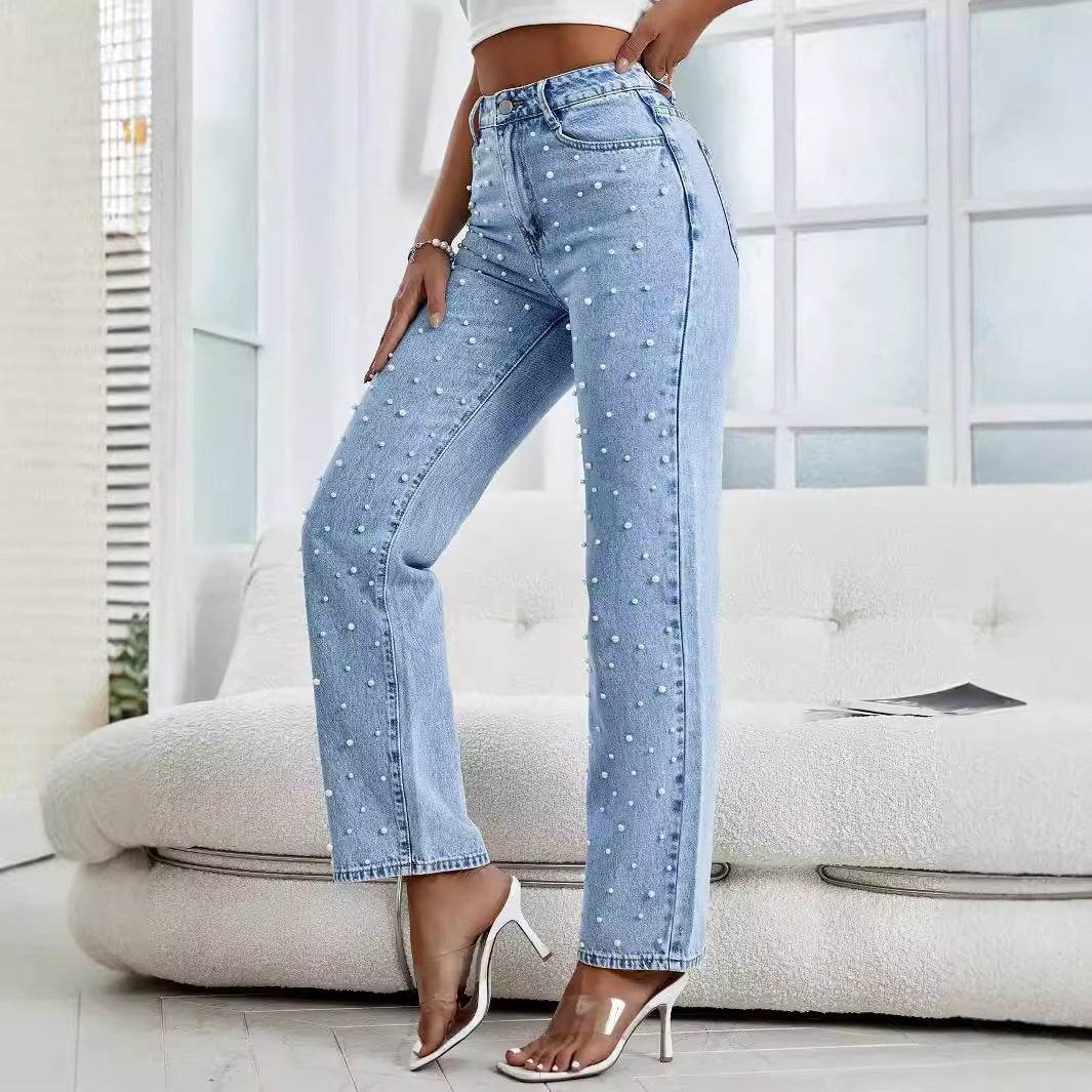 Women's Cropped Beaded Jeans - Light Blue Mid Waist Denim Trousers - Buy Center