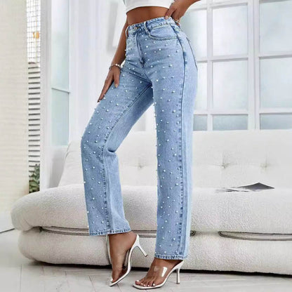 Women's Cropped Beaded Jeans - Light Blue Mid Waist Denim Trousers - Buy Center