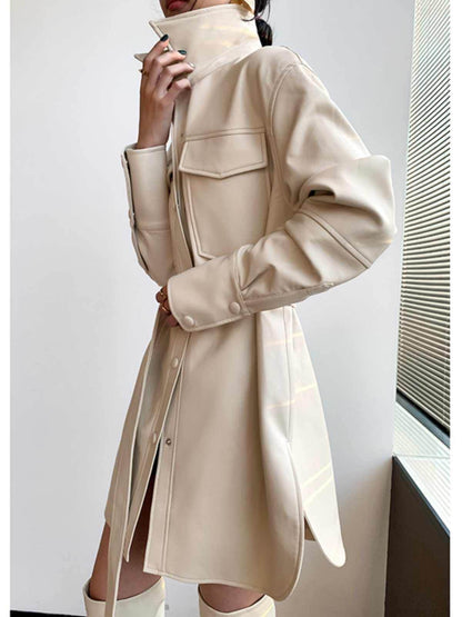 Women's Retro White Leather Coat - Chic Mid-Length Blouse Style 2025 - Buy Center