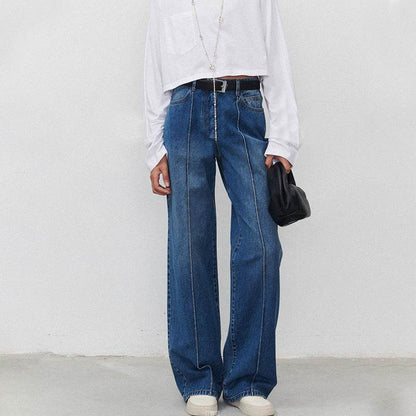 Women's Straight Jeans with Three-Dimensional Stitching - Dark Blue Style - Buy Center