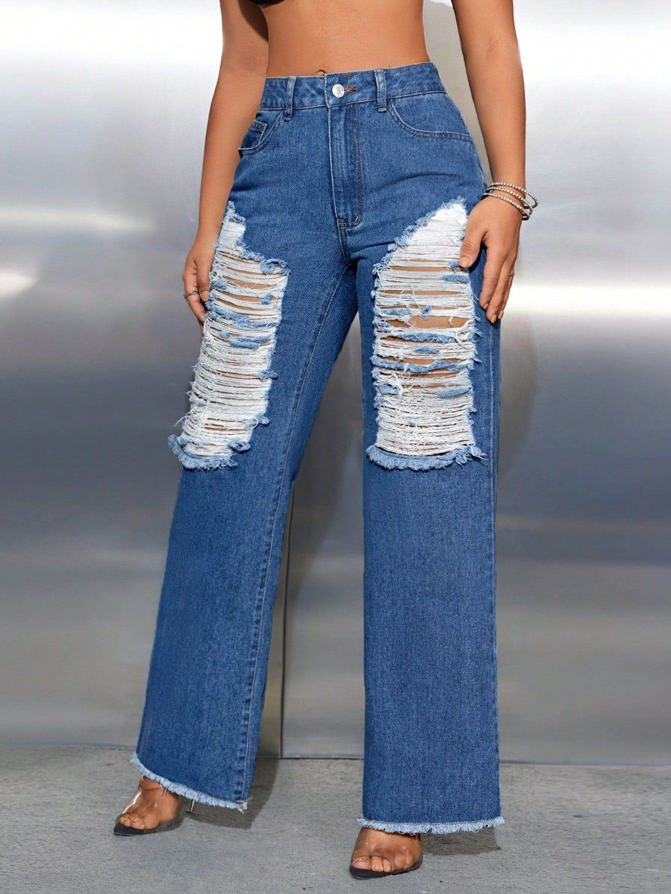 Women's Ripped Wide Leg Denim Trousers - High Waist Dark Blue Jeans - Buy Center