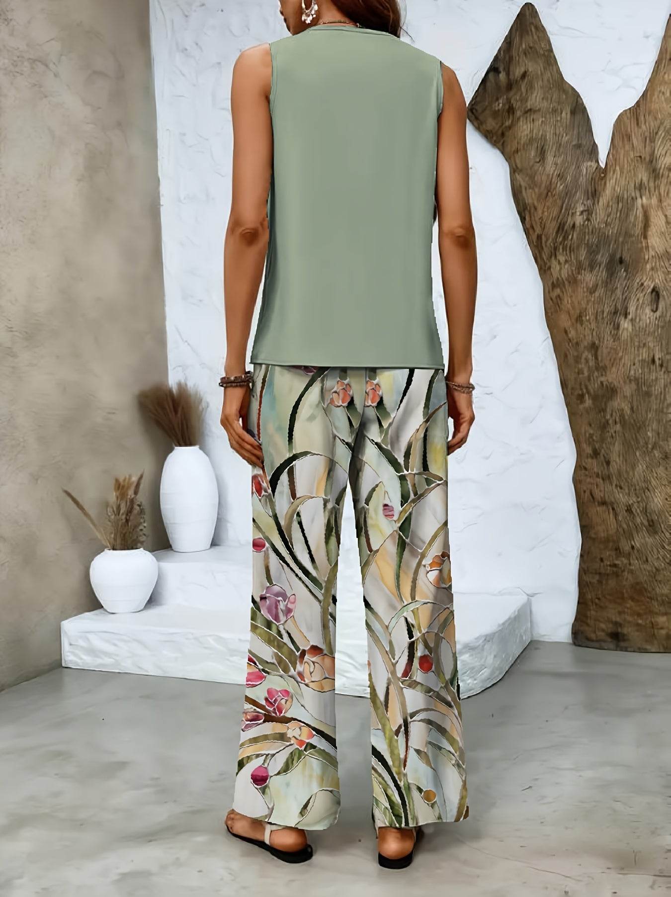 Women's Floral Print Two-Piece Set - Sleeveless Top & Wide-Leg Pants - Buy Center