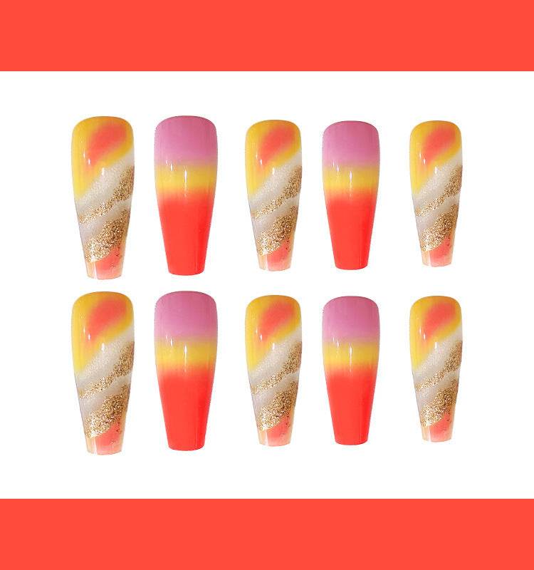 Extra Long Ballerina Fake Nails - 24 Pcs Orange Gradient Gold Foil - Buy Center