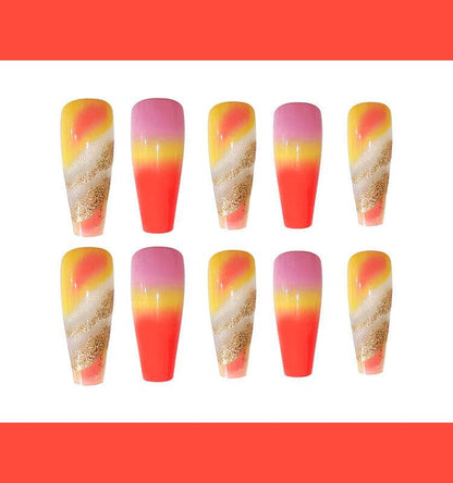 Extra Long Ballerina Fake Nails - 24 Pcs Orange Gradient Gold Foil - Buy Center