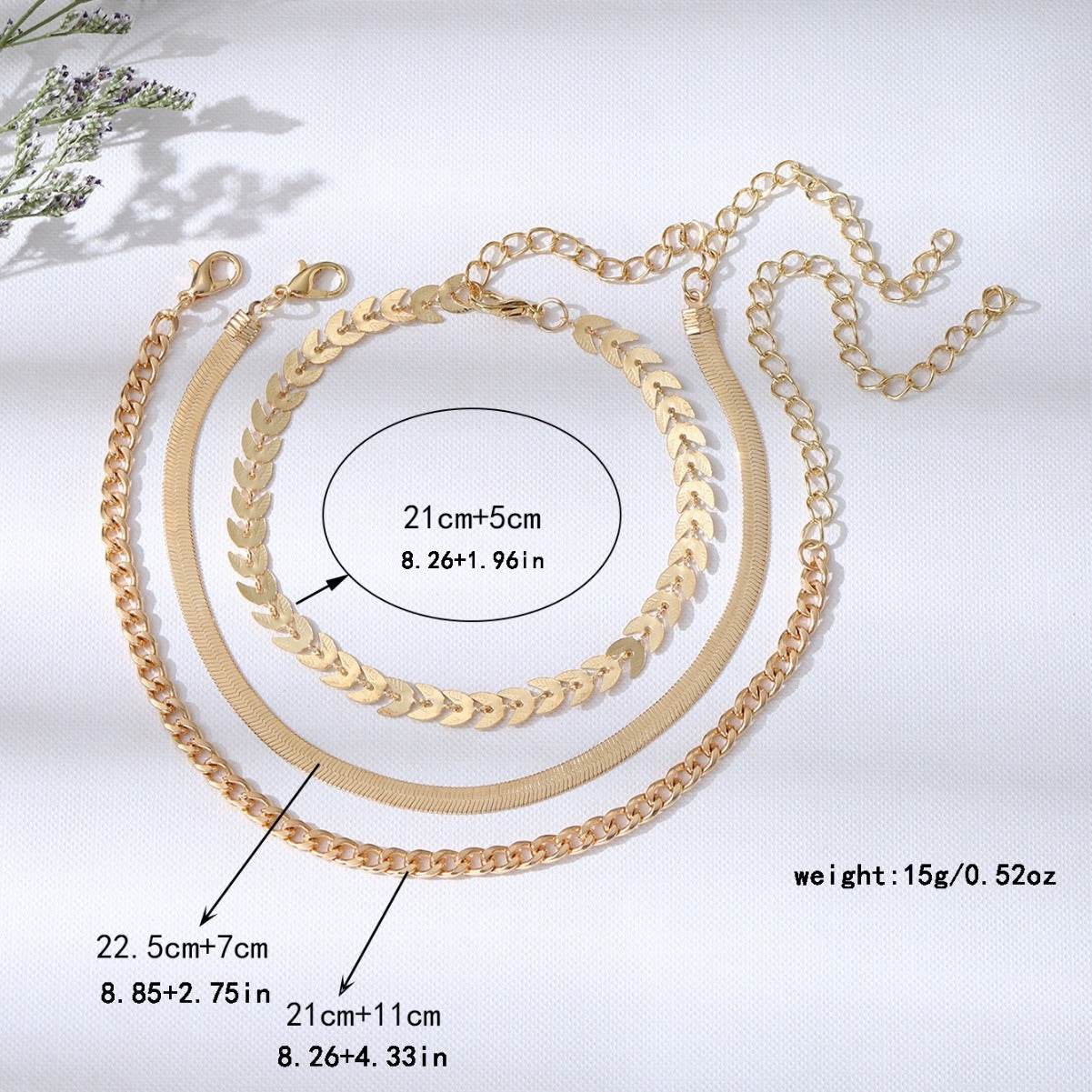 Buy Center Three-Piece Flat Snake Wheat Chain Anklet Set for Women - Buy Center