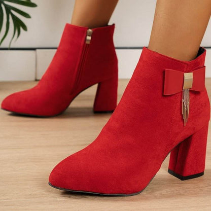 Buycenter Chunky Heel Side Zipper Boots - Stylish Red Suede for Women - Buy Center