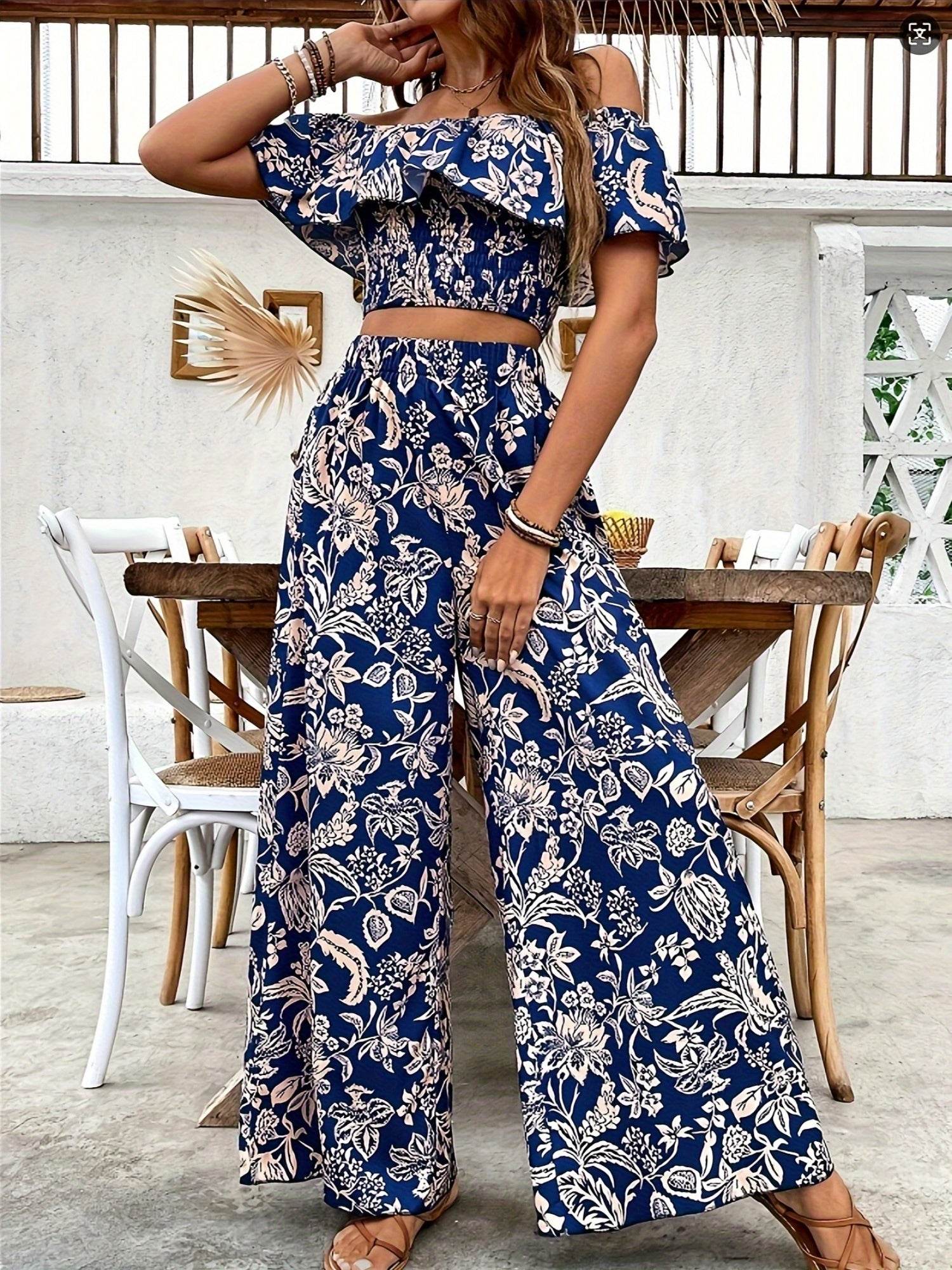 Women's Off-Shoulder Floral Crop Top & Wide-Leg Pants Set - Buy Center