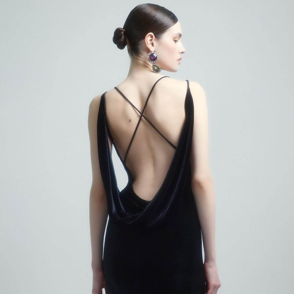 Elegant Black Camisole Dress - Backless Design with Golden Accent - Buy Center