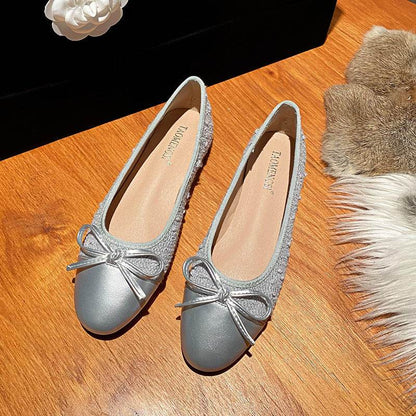 Women's Low-Cut Bow Pumps - Stylish Cloud Gray Flat Bottom Shoes - Buy Center