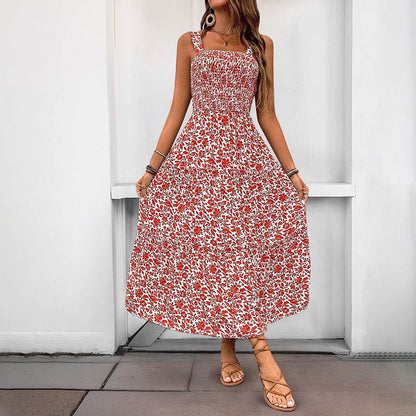 Buycenter Mid-Length Sleeveless Dress - Elegant Elastic Waist Floral Print - Buy Center