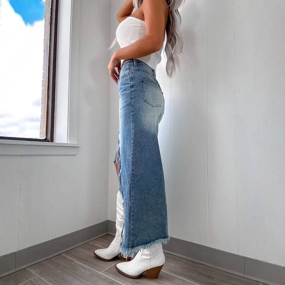 Denim High Waist Asymmetric Skirt - Distressed & Stylish Mid-Length Design - Buy Center
