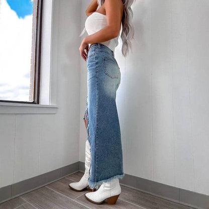 Denim High Waist Asymmetric Skirt - Distressed & Stylish Mid-Length Design - Buy Center