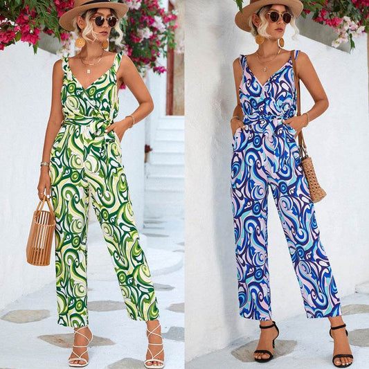 Lotus Leaf Print Female Rompers - Stylish Polyester Trousers for 2025 - Buy Center