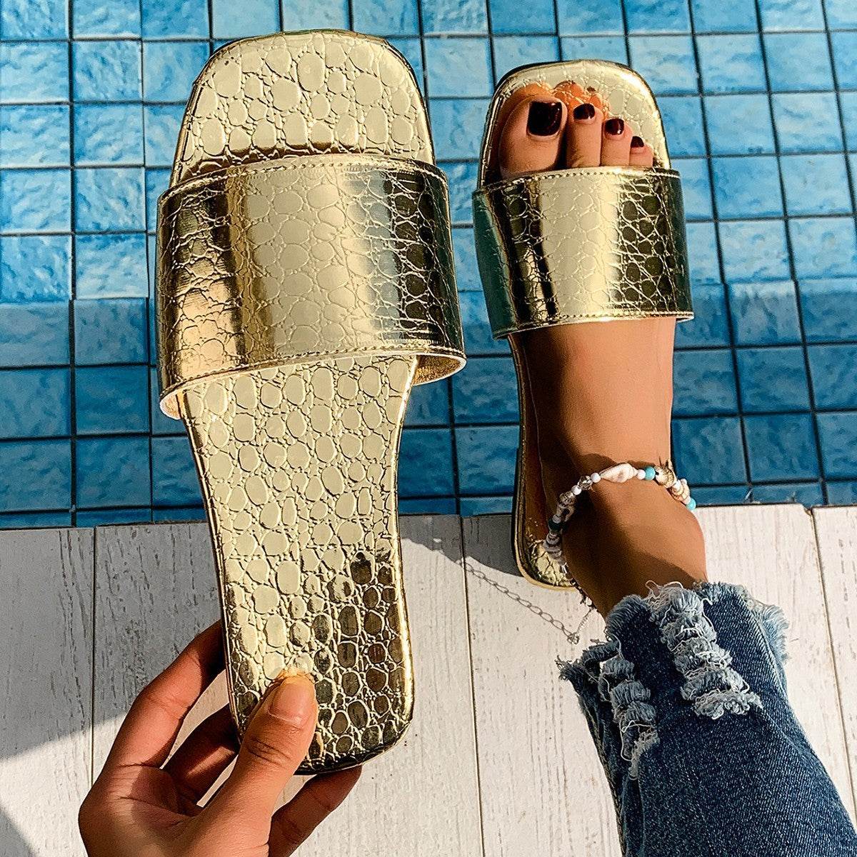 Fashion Crocodile Textured Slides - Elegant Gold & Silver Summer Sandals - Buy Center