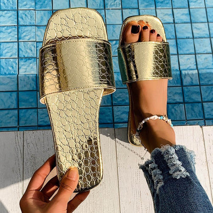 Fashion Crocodile Textured Slides - Elegant Gold & Silver Summer Sandals - Buy Center