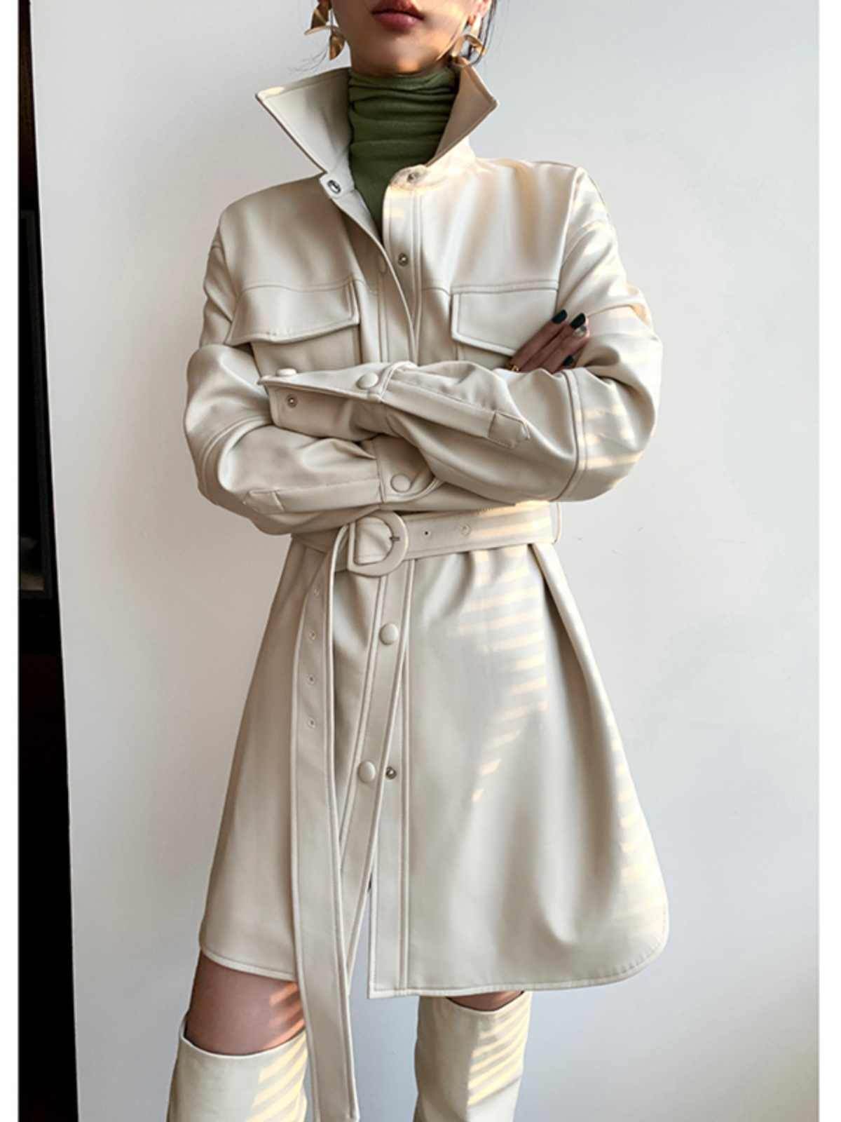 Women's Retro White Leather Coat - Chic Mid-Length Blouse Style 2025 - Buy Center