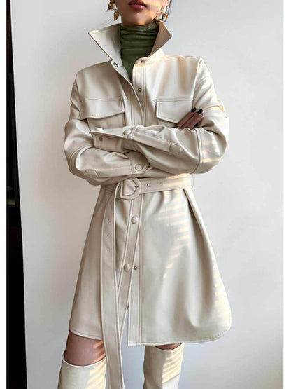 Women's Retro White Leather Coat - Chic Mid-Length Blouse Style 2025 - Buy Center