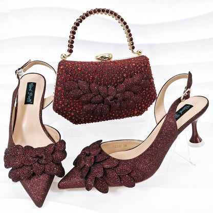 Handmade Leaf Decorative Evening Shoes Bag Set – Stylish Wine Glass Heel - Buy Center