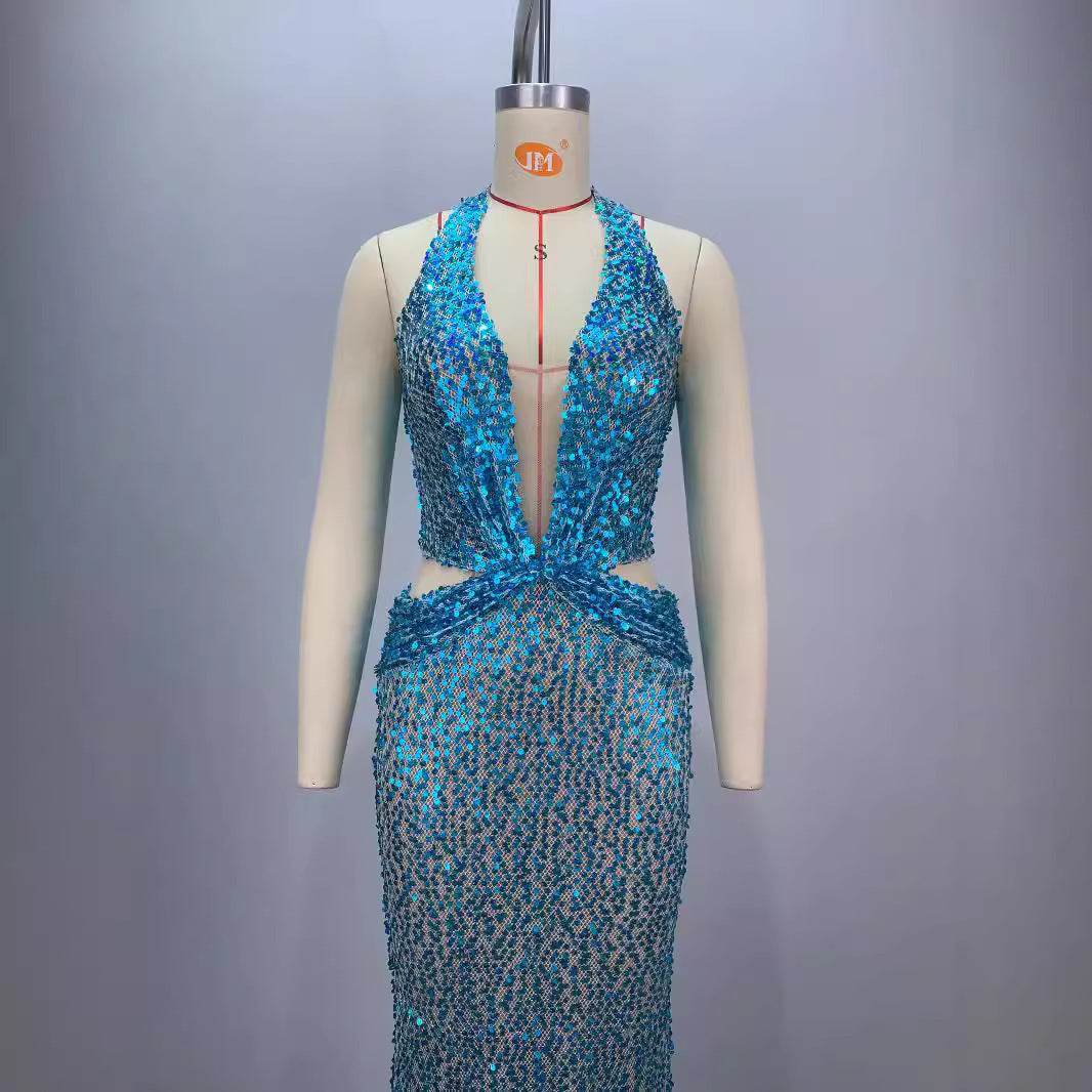 Sky Blue Halter Evening Dress - Deep V-Neck, Slimming Silhouette - Buy Center