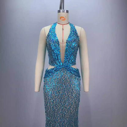 Sky Blue Halter Evening Dress - Deep V-Neck, Slimming Silhouette - Buy Center