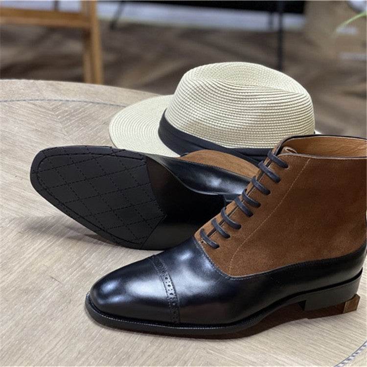 Men's High-Top Cowhide Boots - Lace-Up, Stylish Color Matching Design - Buy Center