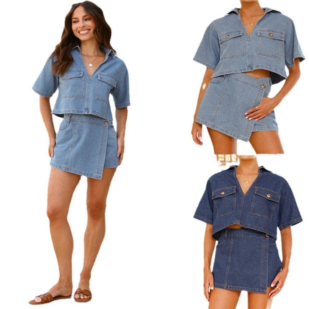 Women's V-Neck Denim Suit - Irregular Short Sleeve Top & Skirt Set - Buy Center