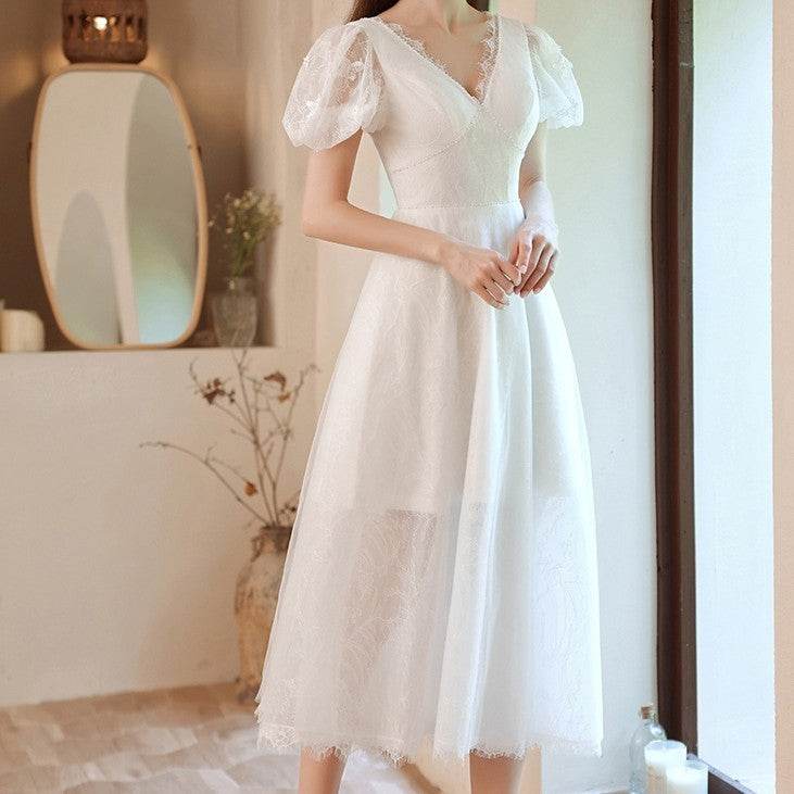 Buycenter White Evening Dress - Embroidered Deep V-Neck for Weddings - Buy Center