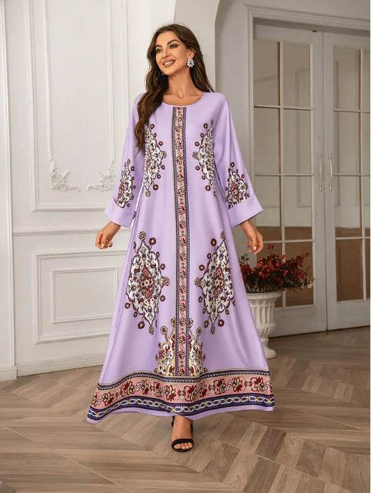 Elegant Floral Print Long Sleeve Abaya Dress - Buycenter Lady Fashion - Buy Center