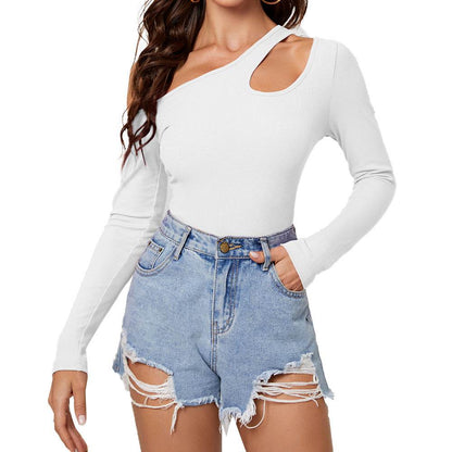 Buycenter Women's Irregular Long Sleeve Top - Exposed Shoulder Pullover - Buy Center