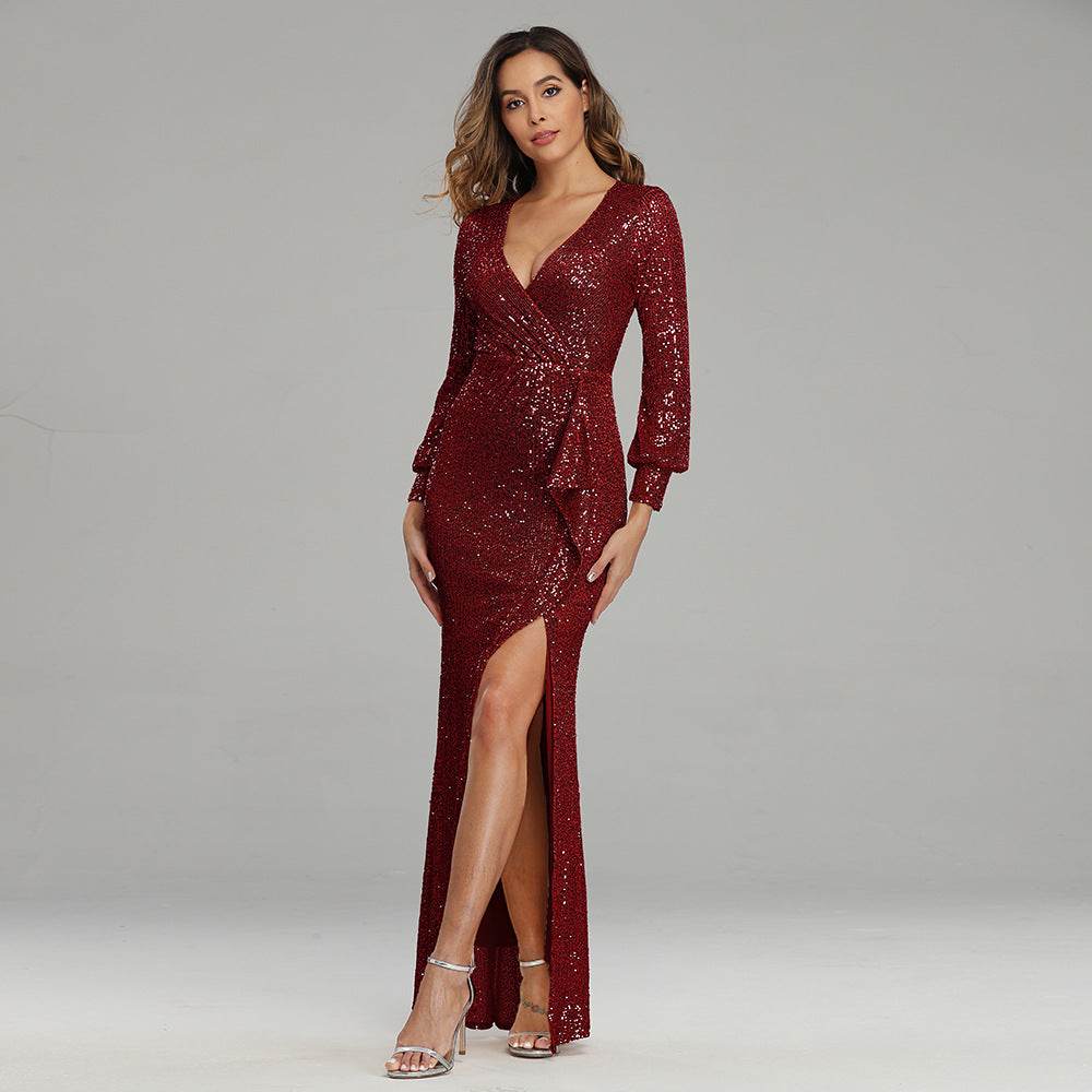 Buycenter Sexy High Slit Evening Dress - Long Sleeve Sequined Style - Buy Center