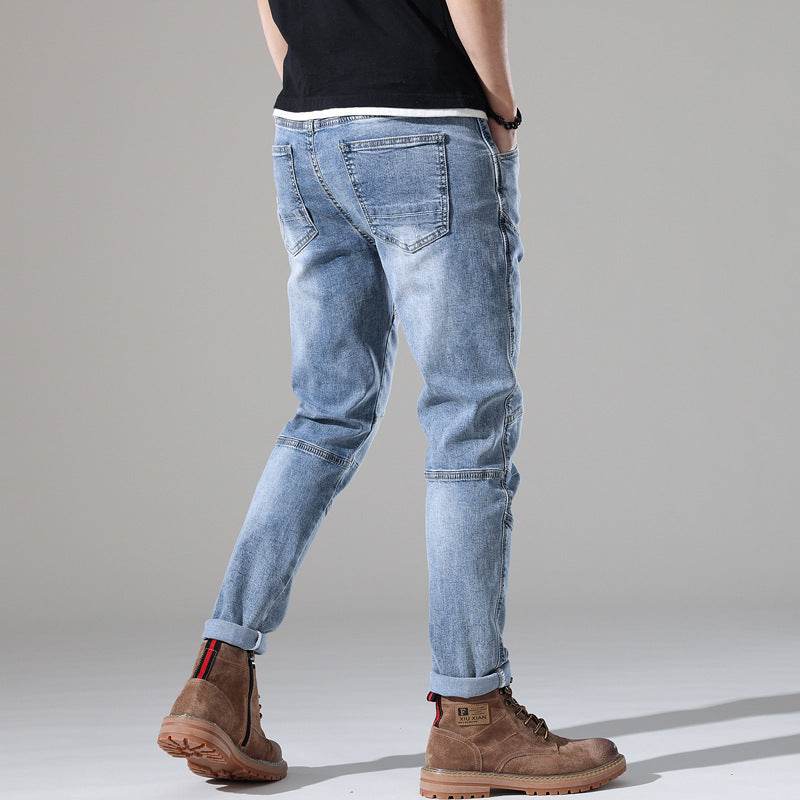 Men's Elastic Stitching Embroidered Jeans - Light Blue Denim Style - Buy Center