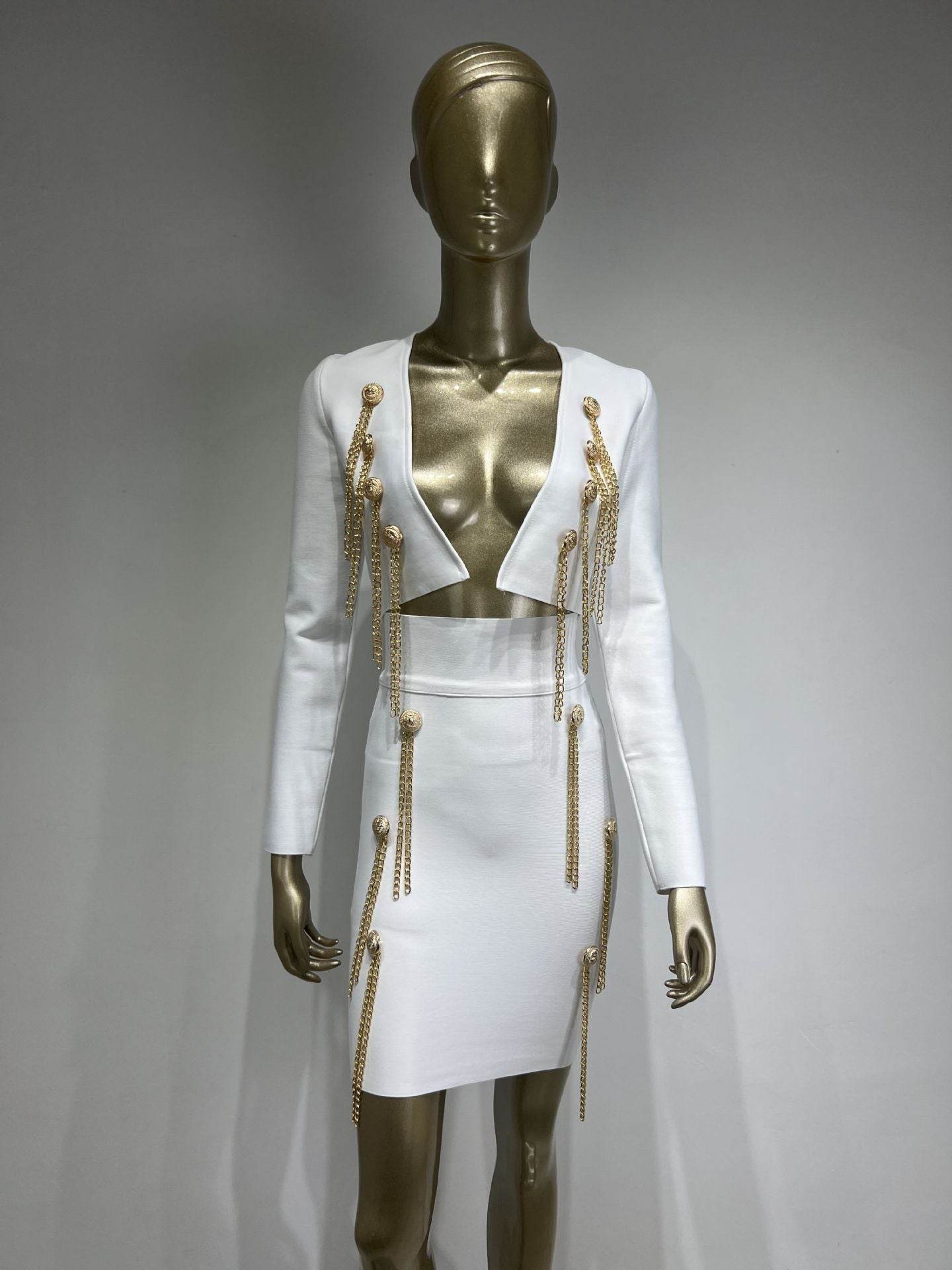 Buycenter Long Sleeve Bandage Suit - Stylish Button Chain Jumpsuit - Buy Center