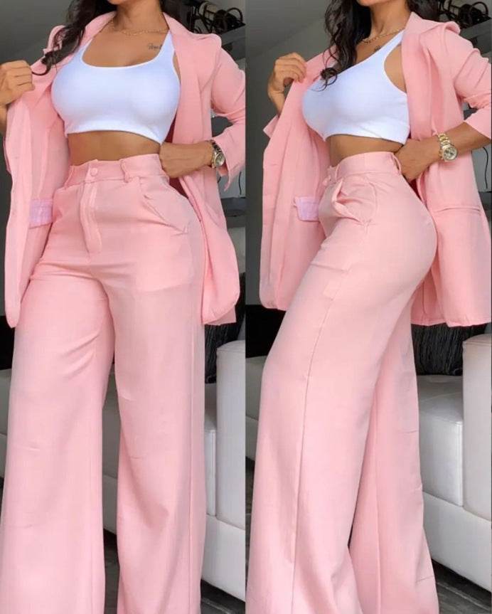 Buycenter Plain Color Sleeve Jumpsuit Set - Elegant Lapel Pocket Pants - Buy Center