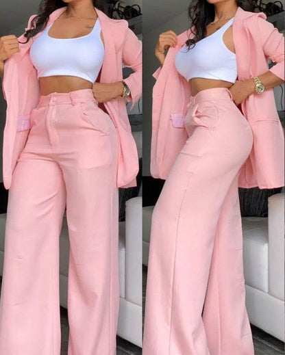 Buycenter Plain Color Sleeve Jumpsuit Set - Elegant Lapel Pocket Pants - Buy Center