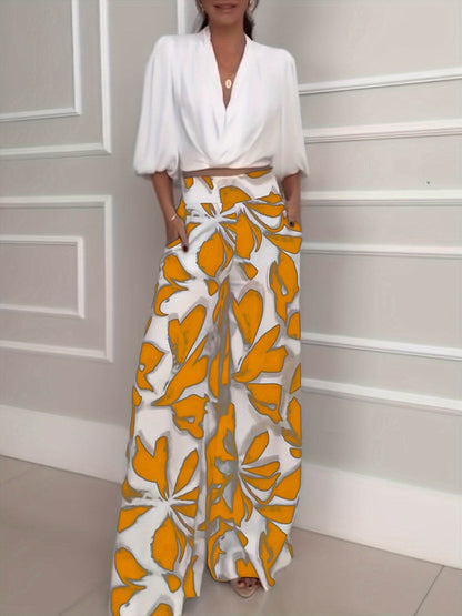 Women's Casual Floral Wide Leg Pants & Off-Shoulder Shirt Set - Buy Center
