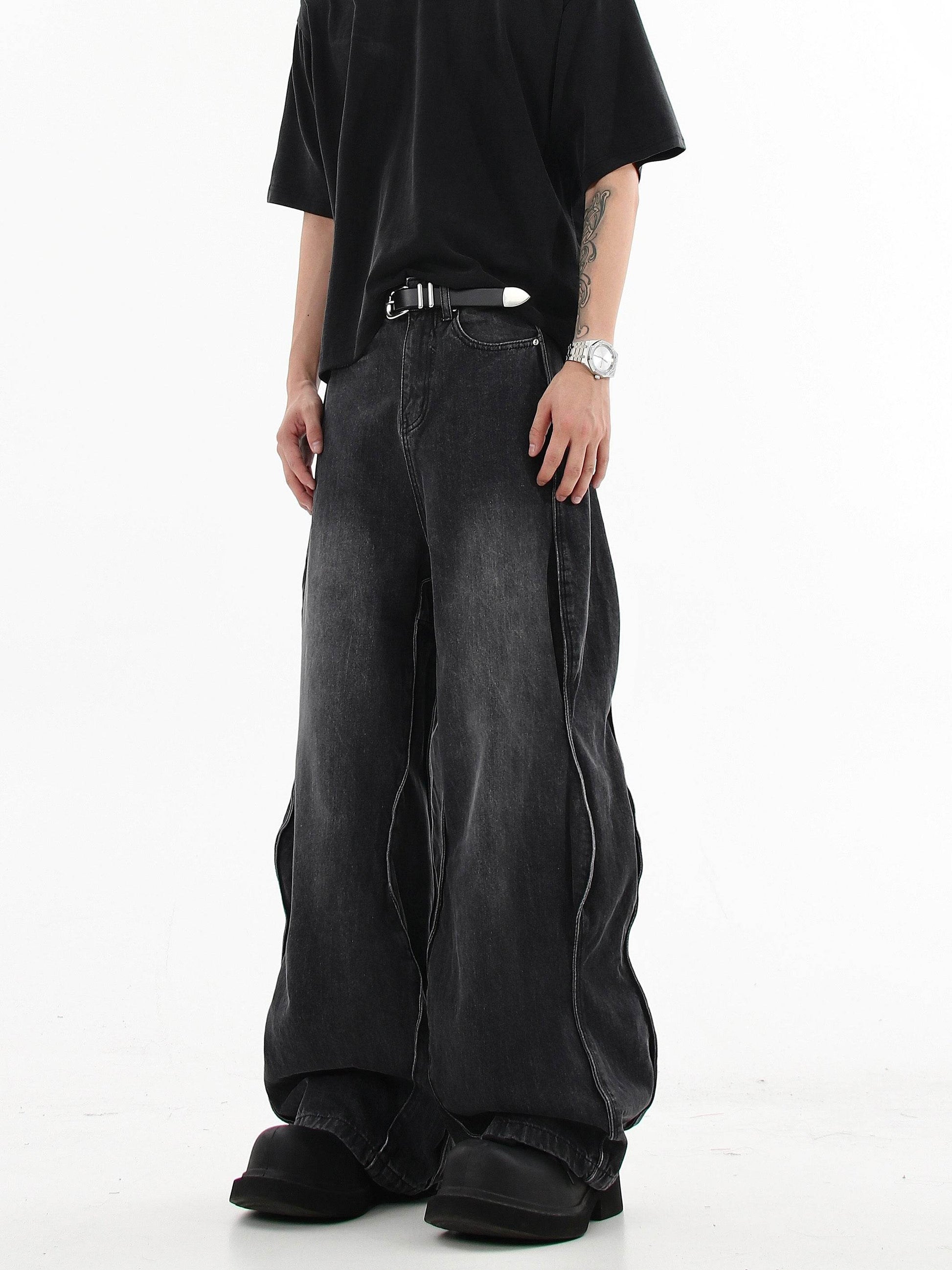 Buycenter Men's Loose Mop Wide Leg Pants - Stylish Black & Gray Denim - Buy Center