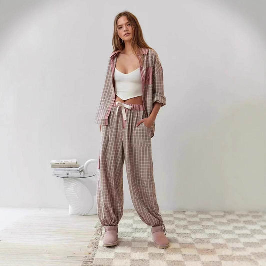 Women's Plaid Dressing Gown Set - Long Sleeve Shirt & Trousers Outfit - Buy Center