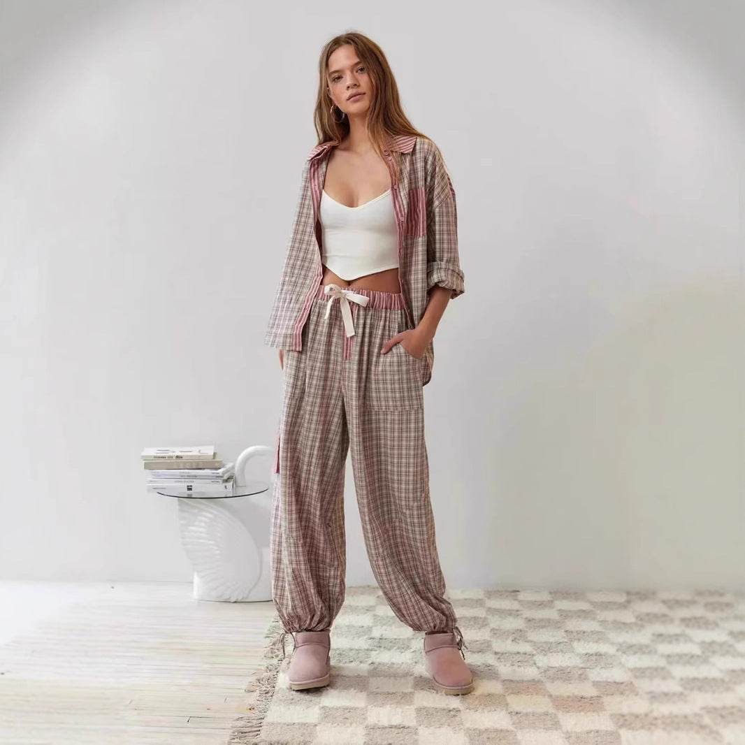 Women's Plaid Dressing Gown Set - Long Sleeve Shirt & Trousers Outfit - Buy Center