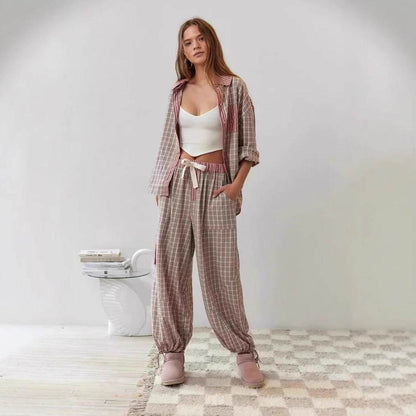 Women's Plaid Dressing Gown Set - Long Sleeve Shirt & Trousers Outfit - Buy Center