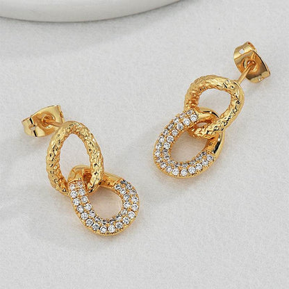 Retro Double Ring Stud Earrings - 18K Gold & Micro Inlaid Zirconium - Buy Center