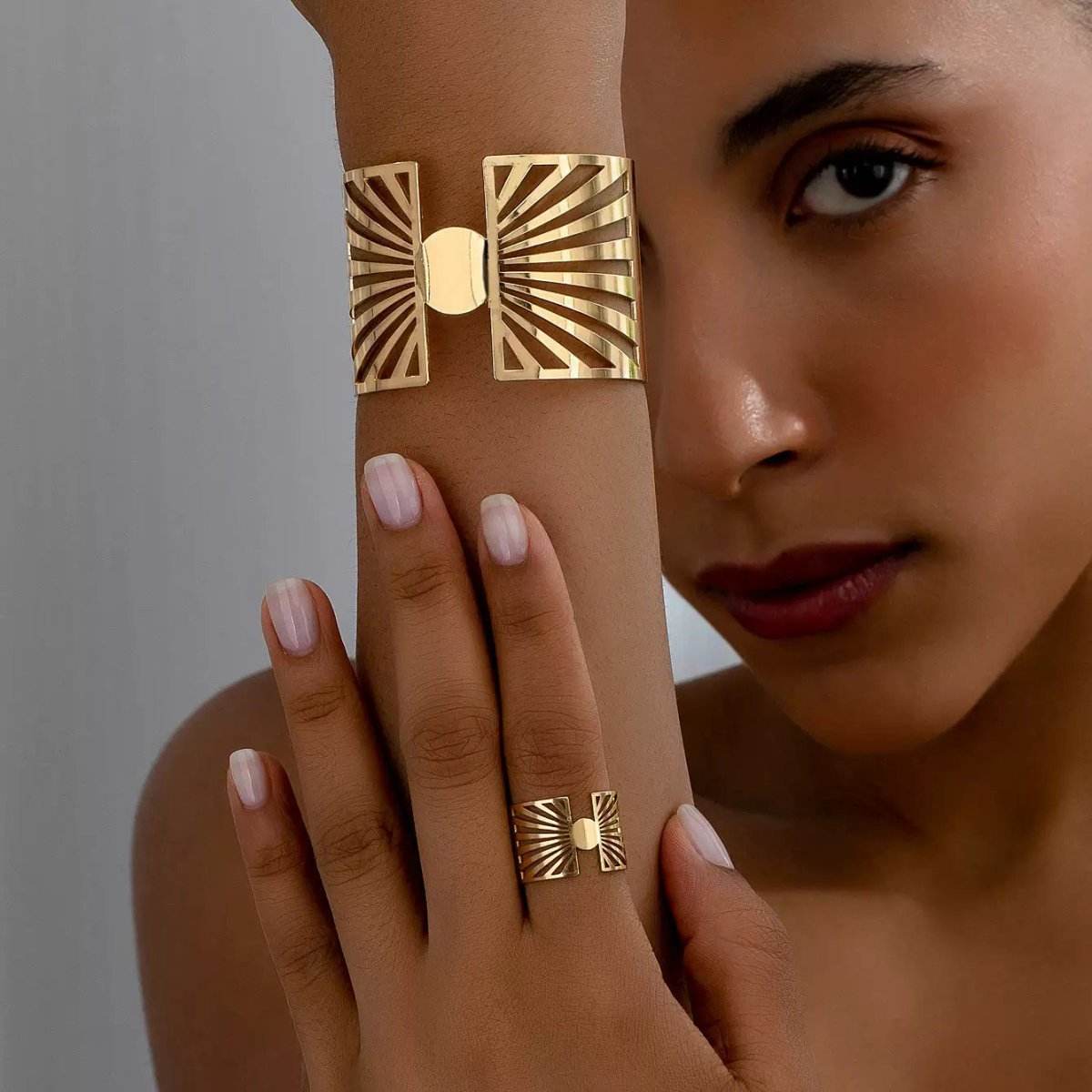 Buy Center 14K Gold Plated Geometric Ring & Cuff Set - Adjustable Elegance - Buy Center