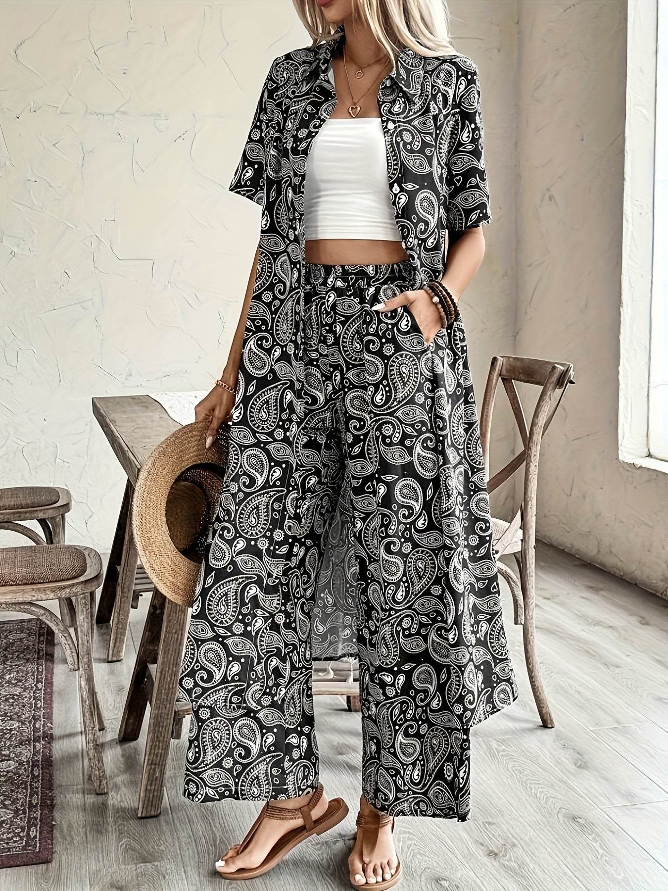 Women's Casual Two-Piece Set - Spring/Summer Paisley Blouse & Pants - Buy Center