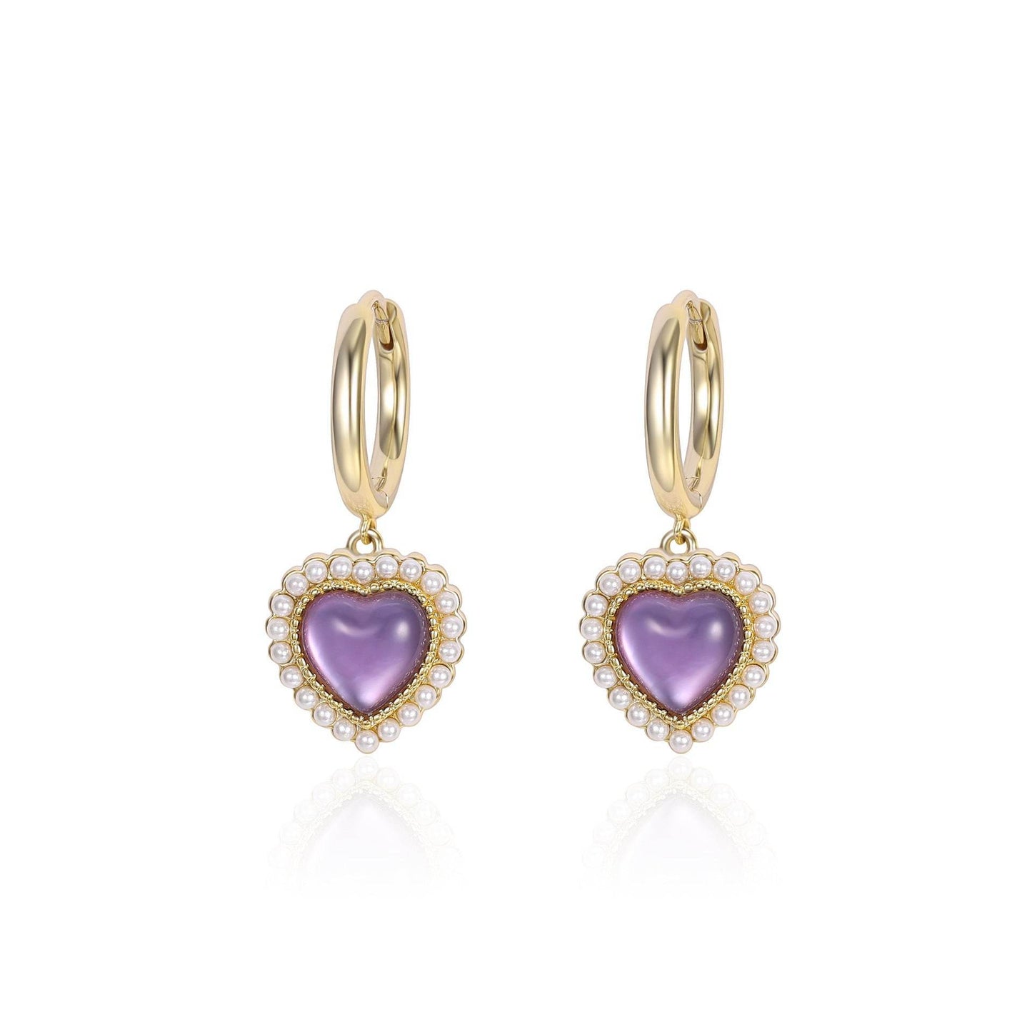 French Purple Crystal Heart Stud Earrings - Elegant Gold Copper Design - Buy Center