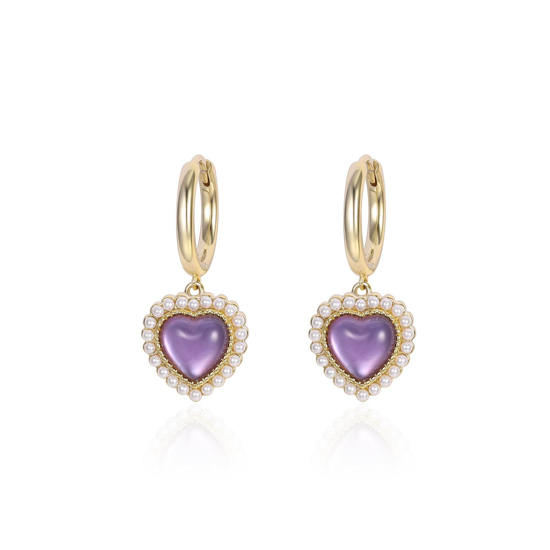 French Purple Crystal Heart Stud Earrings - Elegant Gold Copper Design - Buy Center