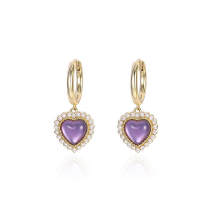 French Purple Crystal Heart Stud Earrings - Elegant Gold Copper Design - Buy Center