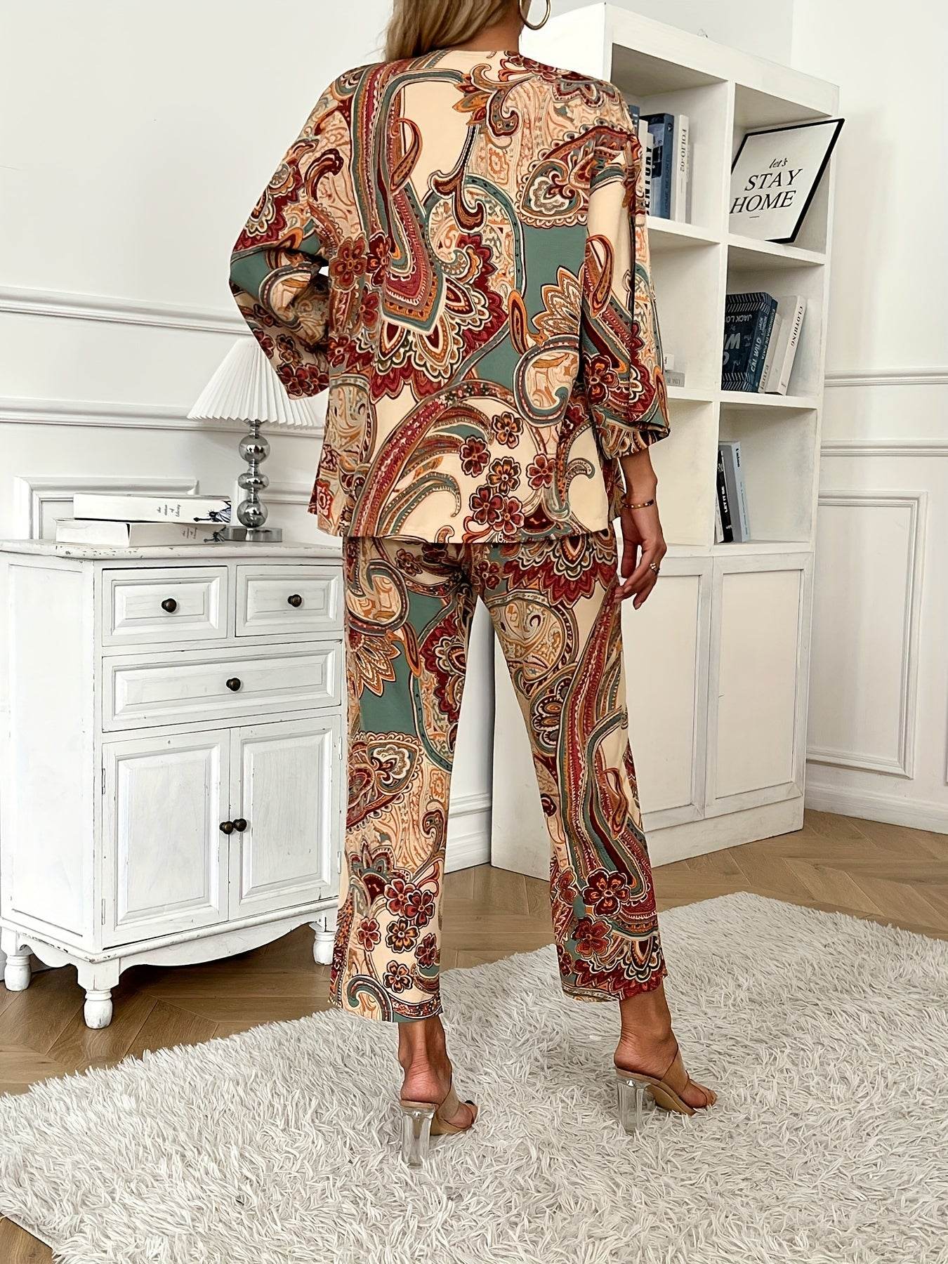 Boho Paisley Print Pants Set - Long Sleeve Blouse & Straight Leg Outfits - Buy Center
