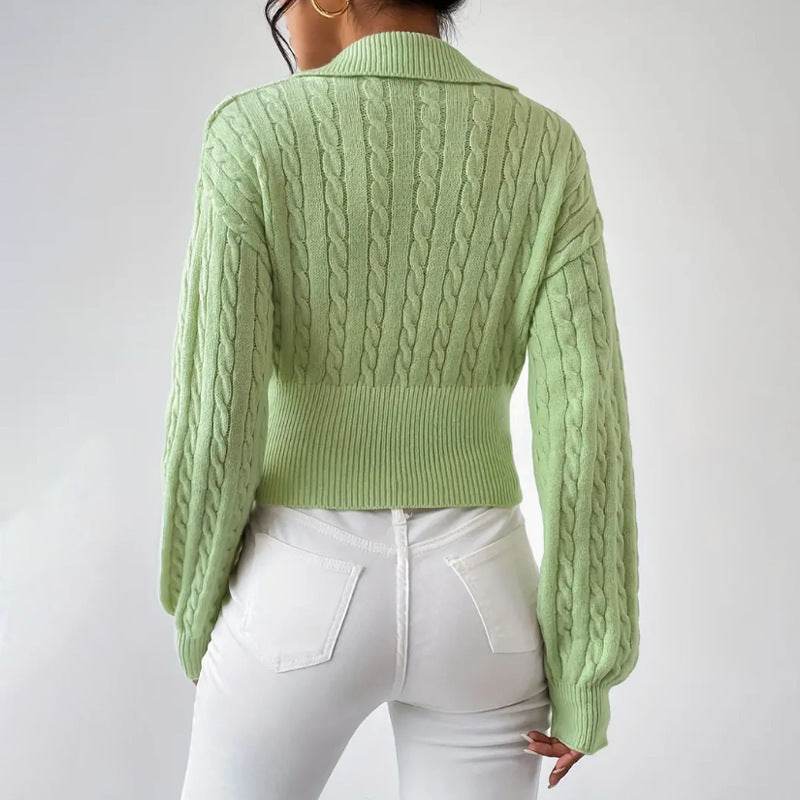 Women's V-Neck Solid Color Sweater - Cozy Loose Fit in Light Green & Black - Buy Center