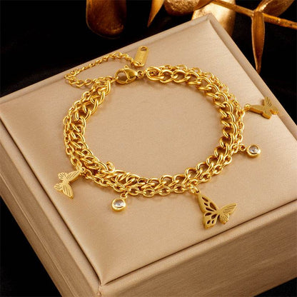Buycenter Gold-Plated Butterfly Pearl Bracelet - Fashionable Rhinestone Charm - Buy Center