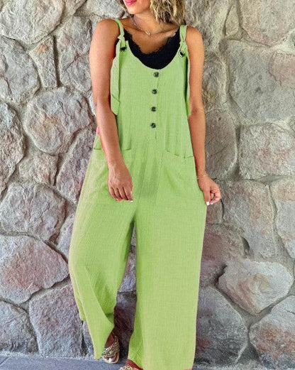 Women's Casual Button Suspender Pants - Chic Cotton-Linen Blend Style - Buy Center
