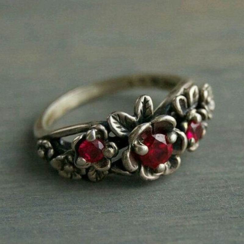 Women's Retro Red Zircon Ring - Vintage Flower Design Engagement Jewelry - Buy Center